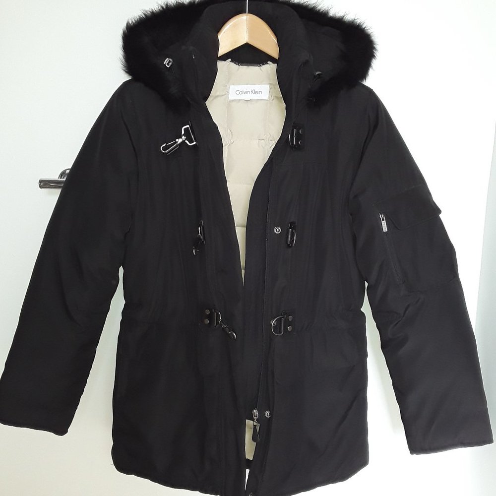 Calvin Klein Down Parka Fur Trim Hood Black XS/S